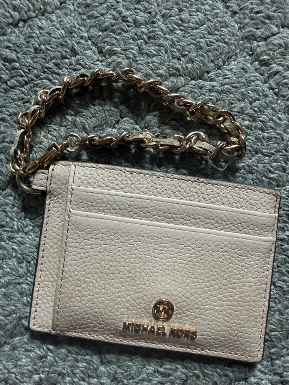 Michael Kors Cream Pebbled Leather Card Holder with Gold Chain